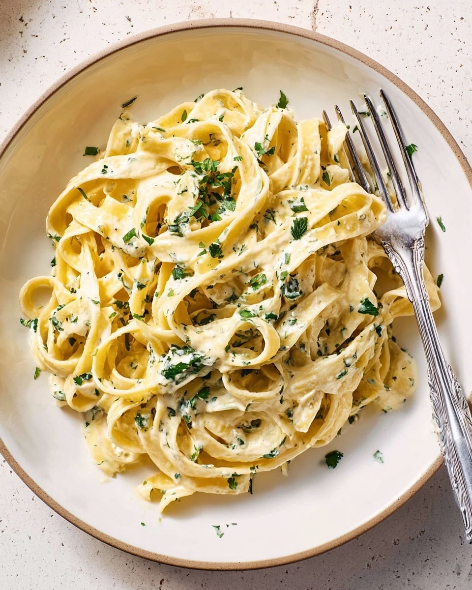 The image shows a white round plate filled with creamy fettuccine pasta. The pasta is covered with a thick, pale yellow sauce mixed with finely chopped green herbs. The fettuccine noodles are curly and layered loosely together in the center of the plate. A silver fork is placed on the right side of the pasta, slightly buried in the noodles, with some sauce on its tines. The plate is set on a white marbled surface, and part of a brown textured cloth is visible near the top right edge. photo taken with an iphone --ar 4:5 --v 7