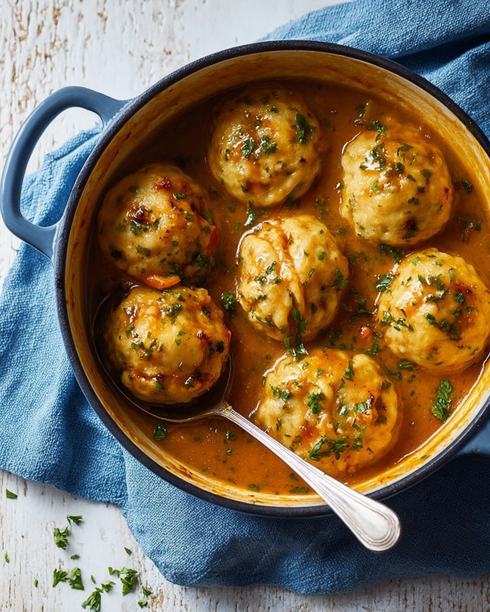 The image shows a white cast iron pot filled with six golden brown dumplings sitting in a thick, light brown sauce with visible green herb flakes and small pieces of carrot. One dumpling is cut open with a metal spoon, revealing a soft, fluffy inside. The pot rests on a white marbled surface with a blue cloth underneath, and scattered small bits of chopped herbs are visible around the pot. The lighting highlights the glossy texture of the sauce and the warm color of the dumplings, making the dish look rich and comforting. photo taken with an iphone --ar 4:5 --v 7