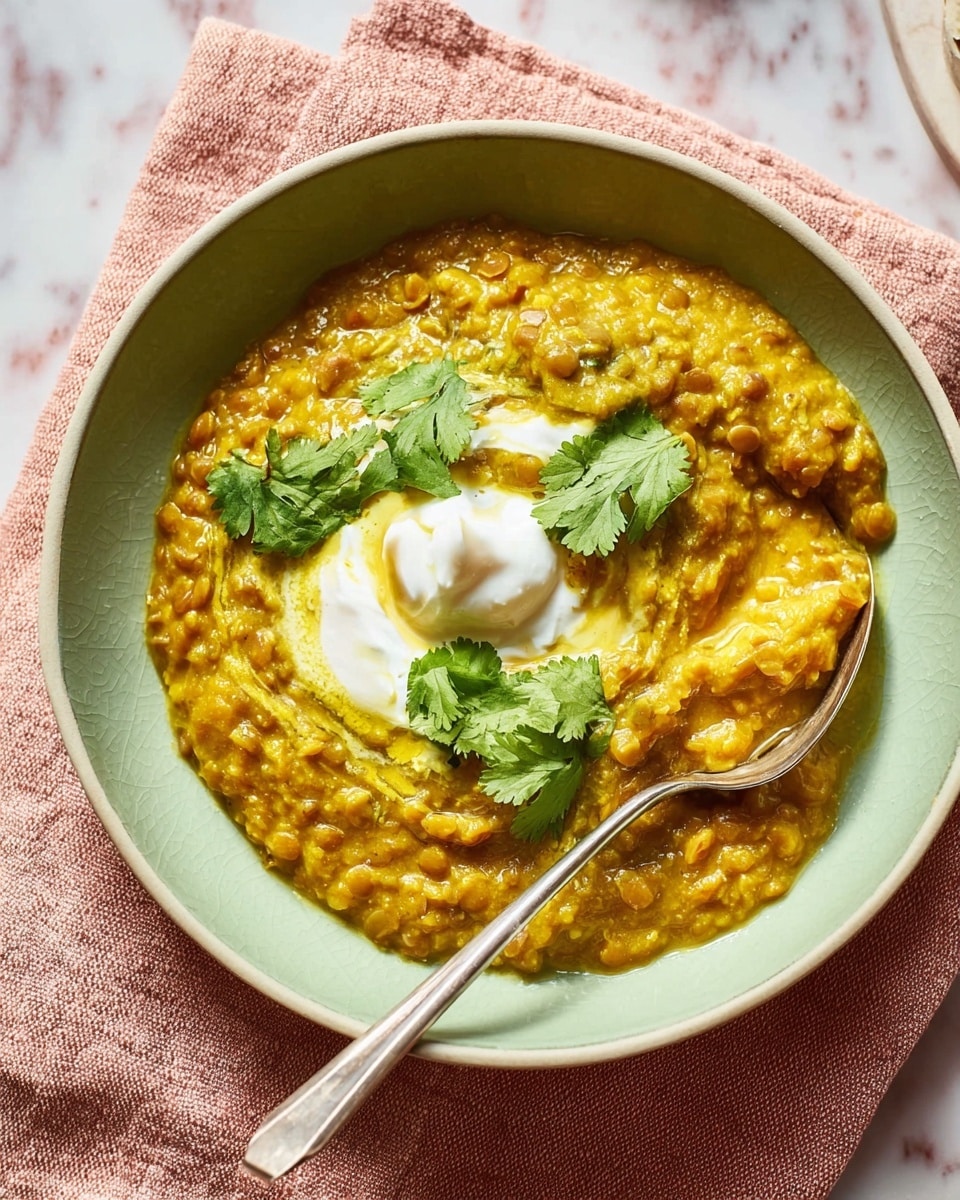 A round white bowl filled with thick, golden-yellow lentil curry that has a slightly chunky texture, spread evenly in the bowl with a small mound in the center. On top of the lentils, there is a dollop of white yogurt or cream garnished with fresh green cilantro leaves. There is a silver fork resting on the right side inside the bowl partially covered by the curry. The bowl is placed on a soft peach-colored cloth over a white marbled surface. The photo is well-lit, showing the warm tones and texture of the dish clearly. photo taken with an iphone --ar 4:5 --v 7