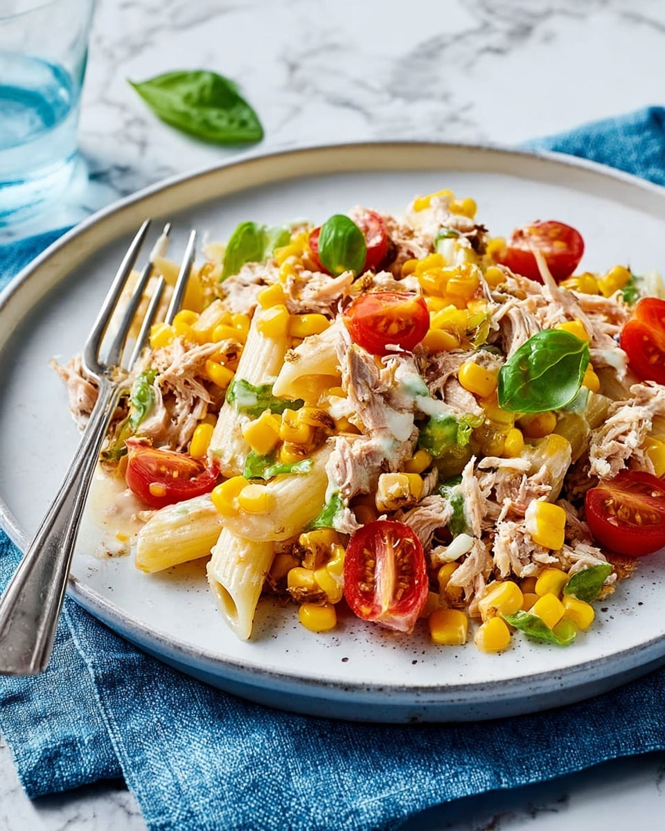 A white plate holds a colorful pasta salad layered with creamy light beige penne pasta, bright yellow corn kernels, and small red cherry tomatoes cut in halves. Shredded light brown tuna pieces are mixed throughout alongside small green basil leaves and finely chopped pale green celery. A light dressing with white creamy texture is drizzled over everything, and a sprinkle of black pepper is visible on top. The plate is set on a folded teal cloth on a white marbled surface. A fork rests on the left side of the plate, and a glass of water with a lemon slice is in the upper right background. Photo taken with an iphone --ar 4:5 --v 7