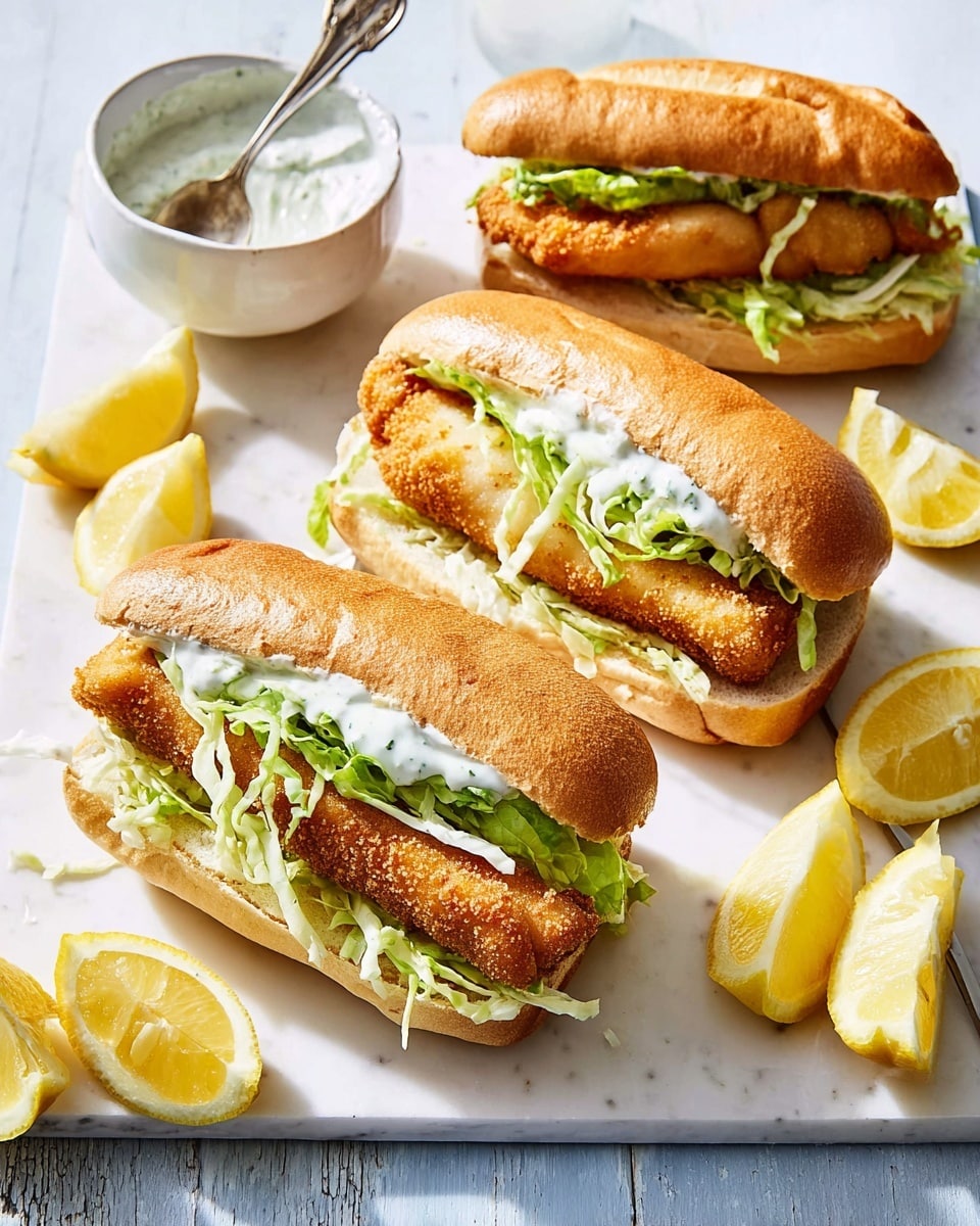 Three fish sandwich rolls are placed on a white marbled surface. Each sandwich has a soft light brown bun, inside it a crispy, golden-brown fish fillet sits on a bed of green shredded lettuce. White sauce is lightly drizzled over the lettuce and fish, peeking out from the sides. Near the sandwiches, there are three lemon wedges with pale yellow flesh. In the background, there is a white bowl filled with a creamy white sauce and a white spoon inside it. The lighting highlights the crunchy texture of the fish and the freshness of the lettuce, giving the scene a bright and inviting look. photo taken with an iphone --ar 4:5 --v 7