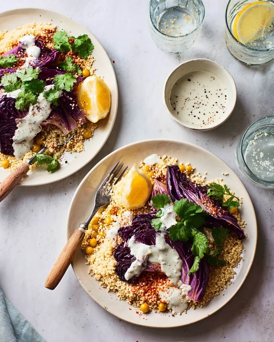 Two white plates are set on a white marbled surface, each holding a dish with three main layers. The base layer is light-colored bulgur wheat mixed with small orange pieces, spread evenly around the plate. On top of this sits a deep purple roasted cabbage wedge, slightly charred on the edges and positioned diagonally. A creamy white sauce is drizzled over the cabbage and part of the bulgur. Fresh green cilantro leaves are placed on top for garnish. Each plate also has one or two yellow lemon wedges placed near the cabbage. One plate has a knife and fork with wooden handles placed on the left side. To the upper right of the plates, there is a small white bowl with the same creamy sauce and a metal spoon inside. A clear glass with a lemon slice and a sparkling drink is placed slightly behind the bowl. The whole setting is on a white marbled background. photo taken with an iphone --ar 4:5 --v 7