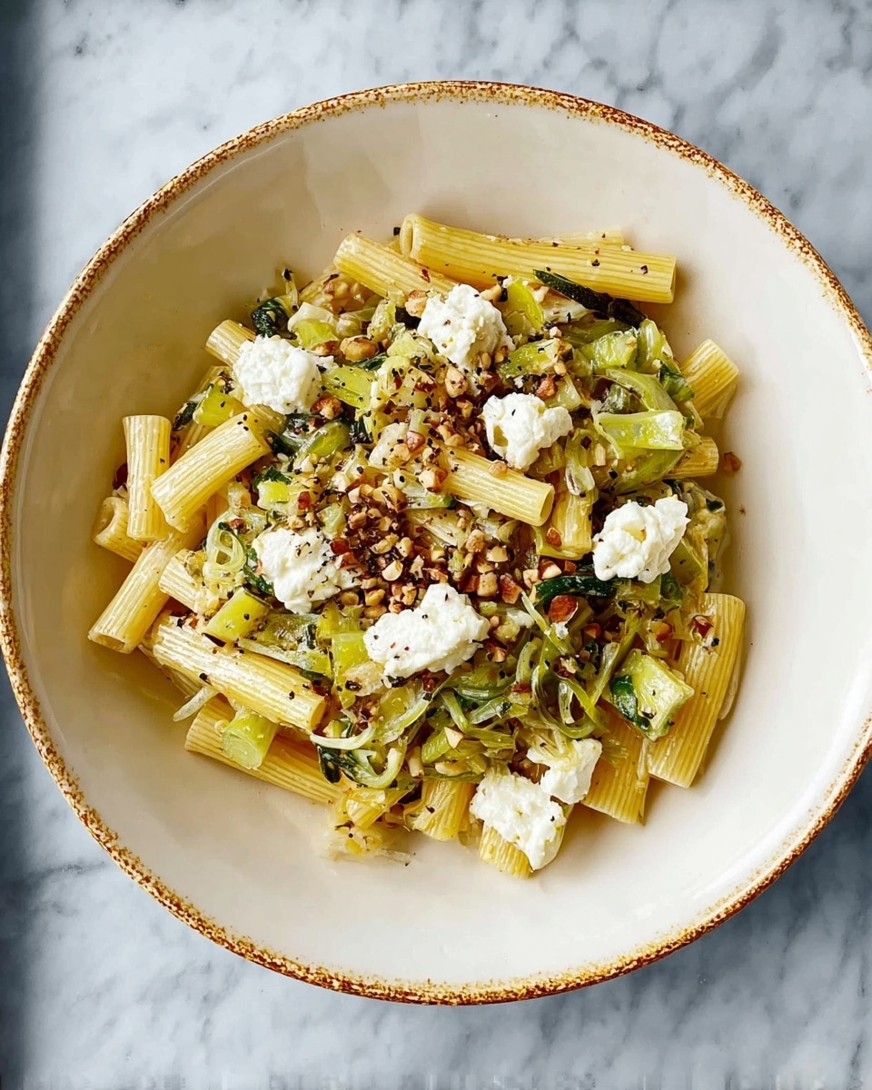 A white bowl filled with a creamy pasta dish that has tubular pasta pieces mixed with shredded green vegetables, likely leeks or cabbage, cooked until soft. The pasta is coated light yellow with sauce, and sprinkled on top are small white cheese chunks with some visible black pepper seasoning. A few walnut pieces add a touch of brown for contrast. The bowl sits on a white marbled surface with a small light pink dish holding sliced blanched almonds nearby. Photo taken with an iphone --ar 4:5 --v 7