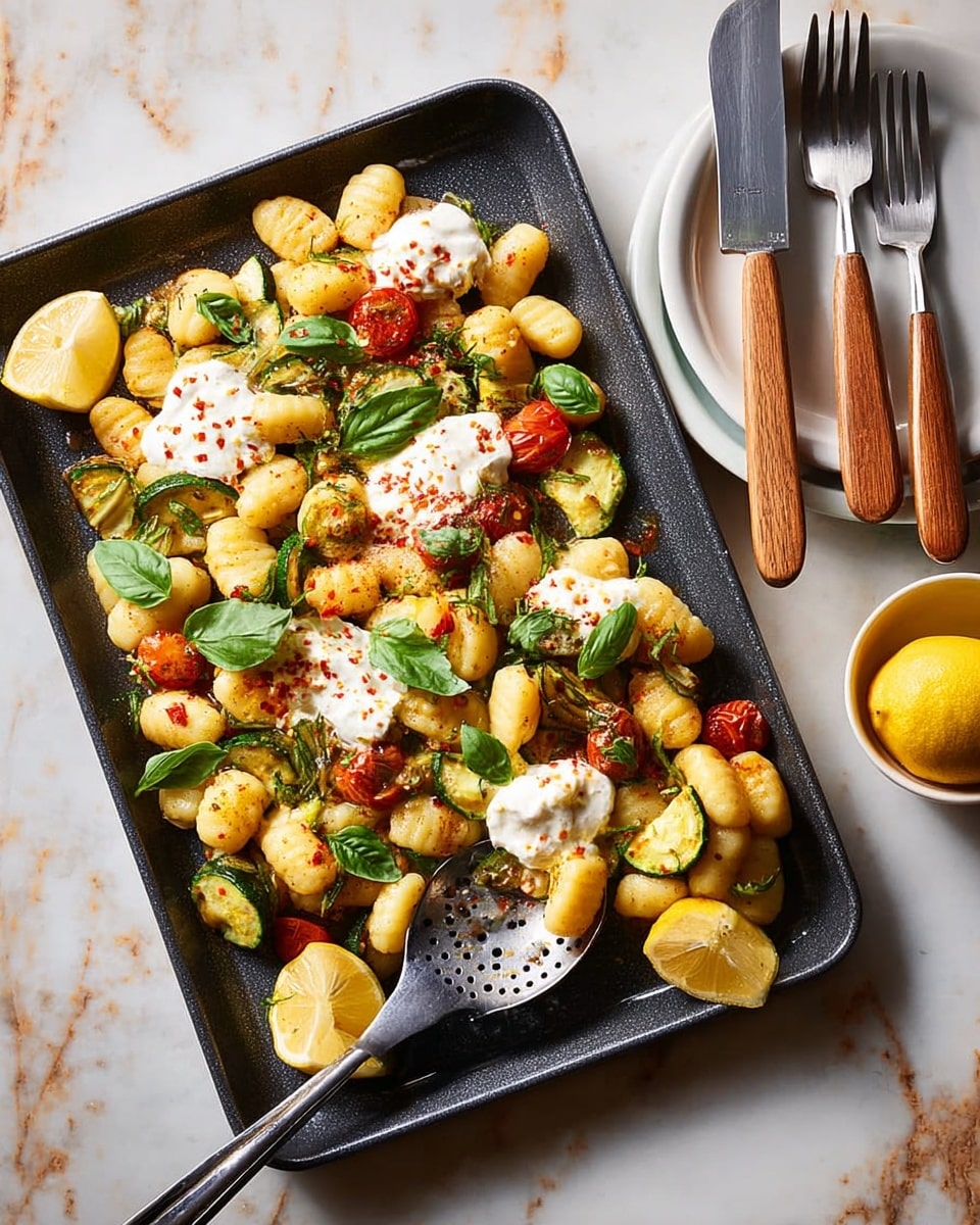 The image shows a black rectangular tray filled with a colorful gnocchi dish. The bottom layer is made of golden cooked gnocchi scattered evenly. On top of the gnocchi, there are light green sautéed zucchini slices and roasted red cherry tomatoes spread throughout. Fresh bright green basil leaves are sprinkled over the vegetables and gnocchi. Dollops of creamy white sauce are placed on top in multiple spots, garnished with red chili flakes. Three lemon wedges, pale yellow in color, are positioned around the edges of the tray. A metal spoon with a green handle rests in the tray, slightly lifting some of the gnocchi. The tray sits on a white marbled surface, and to the left, a white plate holds a knife and two forks with wooden handles. photo taken with an iphone --ar 4:5 --v 7
