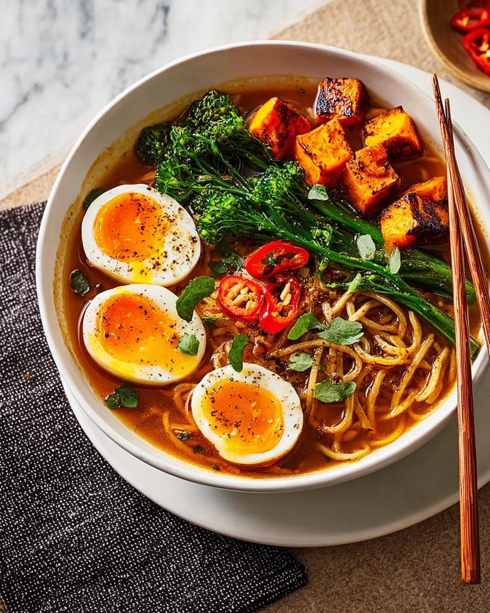 A beige bowl filled with a noodle soup sits on a white plate, placed on a dark woven cloth over a white marbled surface. The first layer consists of light brown noodles submerged in a rich yellowish broth. On top, bright green broccoli pieces are neatly arranged on the left side, while golden-brown cubes of roasted sweet potato are on the right. Two halved soft-boiled eggs with bright orange yolks topped with ground black pepper rest at the top right section. Thin red chili slices and green herb leaves are lightly scattered over the bowl. A pair of wooden chopsticks rests beside the plate. Photo taken with an iphone --ar 4:5 --v 7