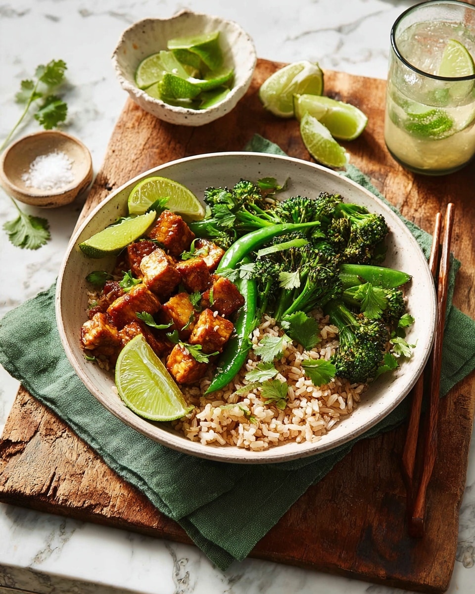 A white bowl filled with two main layers: on the right side, a light brown cooked rice layer with a few green cilantro leaves on top; on the left side, a mix of green vegetables including snap peas, broccoli, and cilantro, along with browned, chunked tempeh pieces, some red onion slices, and two lime wedges placed near the rice. The bowl sits on a green cloth napkin over a wooden board, with a pair of wooden chopsticks resting behind it. To the right, a small white bowl holds three lime wedges, and a glass filled with a light brown frothy drink is visible at the bottom right corner. The background is a white marbled texture. photo taken with an iphone --ar 4:5 --v 7