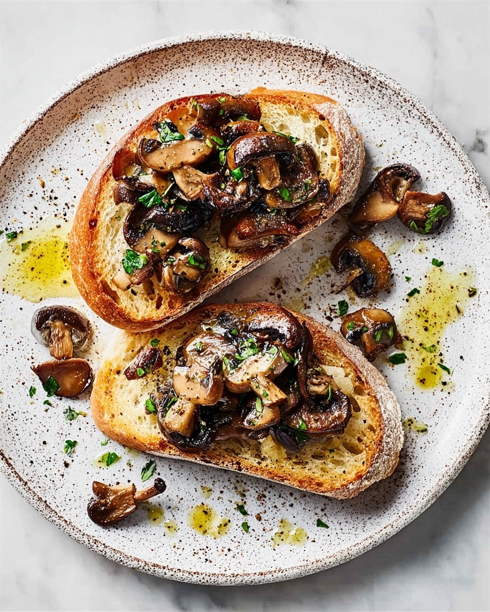 Two pieces of toasted sourdough bread are stacked on a white speckled plate, placed on a white marbled surface. The bottom slice is golden brown and shows a crispy texture, while the top slice is topped with sautéed mushrooms that are dark brown and caramelized with a slightly glossy surface. The mushrooms are scattered both on the bread and a few around the plate. Green chopped herbs are sprinkled over the mushrooms, adding a fresh color contrast. There are small drops of light yellow olive oil and black pepper specks on the plate for decoration. photo taken with an iphone --ar 4:5 --v 7