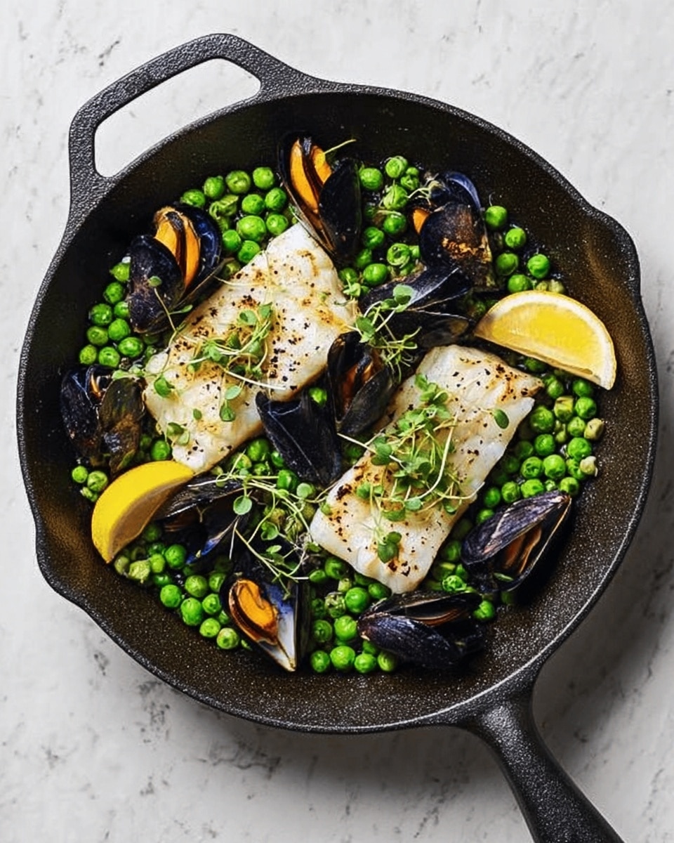 A white cast iron skillet filled with a dish of seafood and vegetables sits on a white marbled surface. The bottom layer consists of bright green peas spread evenly in the pan. On top of the peas are four pieces of light golden-brown cooked fish fillets arranged side by side, covering most of the pan's base. Black mussel shells, some open showing orange insides, are placed on and around the fish, adding contrast. Two lemon wedges with bright yellow color rest on the peas near the edges. Small green herb sprigs decorate the dish, adding fresh color and texture. Photo taken with an iphone --ar 4:5 --v 7