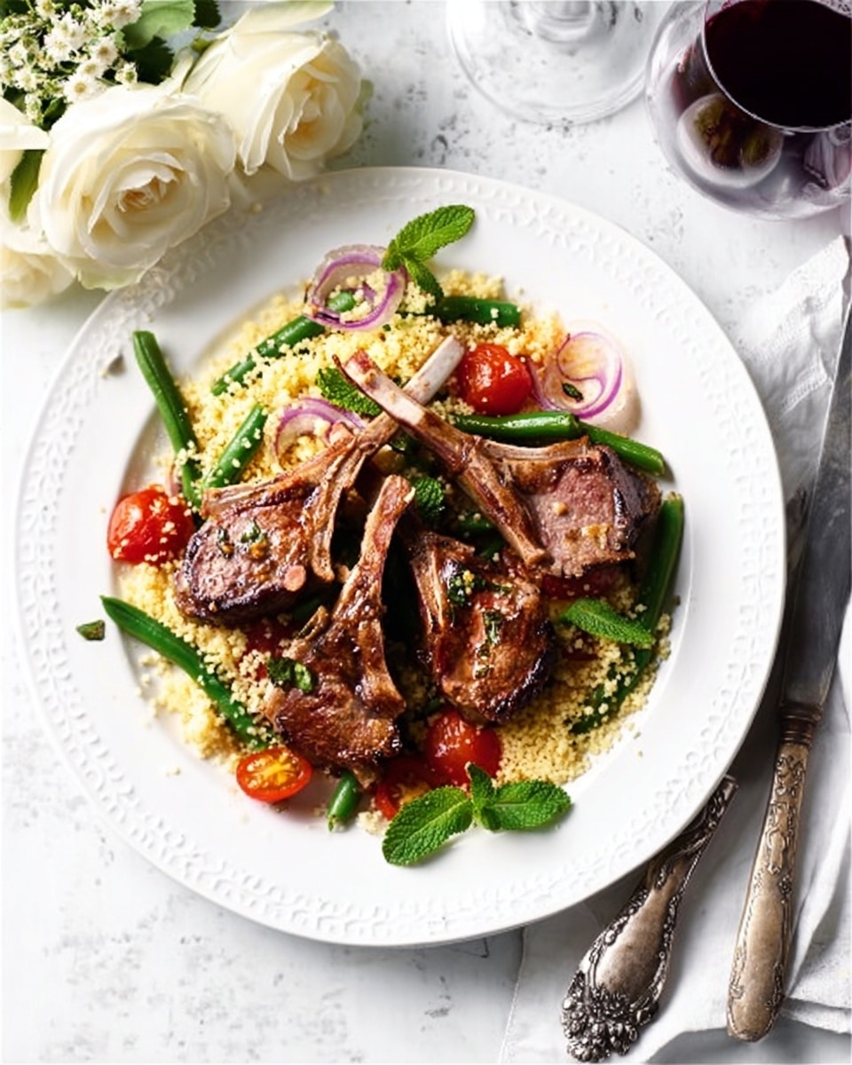 A white plate holds three grilled lamb chops arranged in a triangular shape on top of a bed of light yellow couscous mixed with green beans, halved cherry tomatoes, and thin slices of red onion. Fresh green mint leaves are scattered on the dish for garnish. The plate sits on a white marbled surface with a vintage fork and knife to the right, and a glass of red wine and a small bouquet of white roses to the left. Photo taken with an iphone --ar 4:5 --v 7