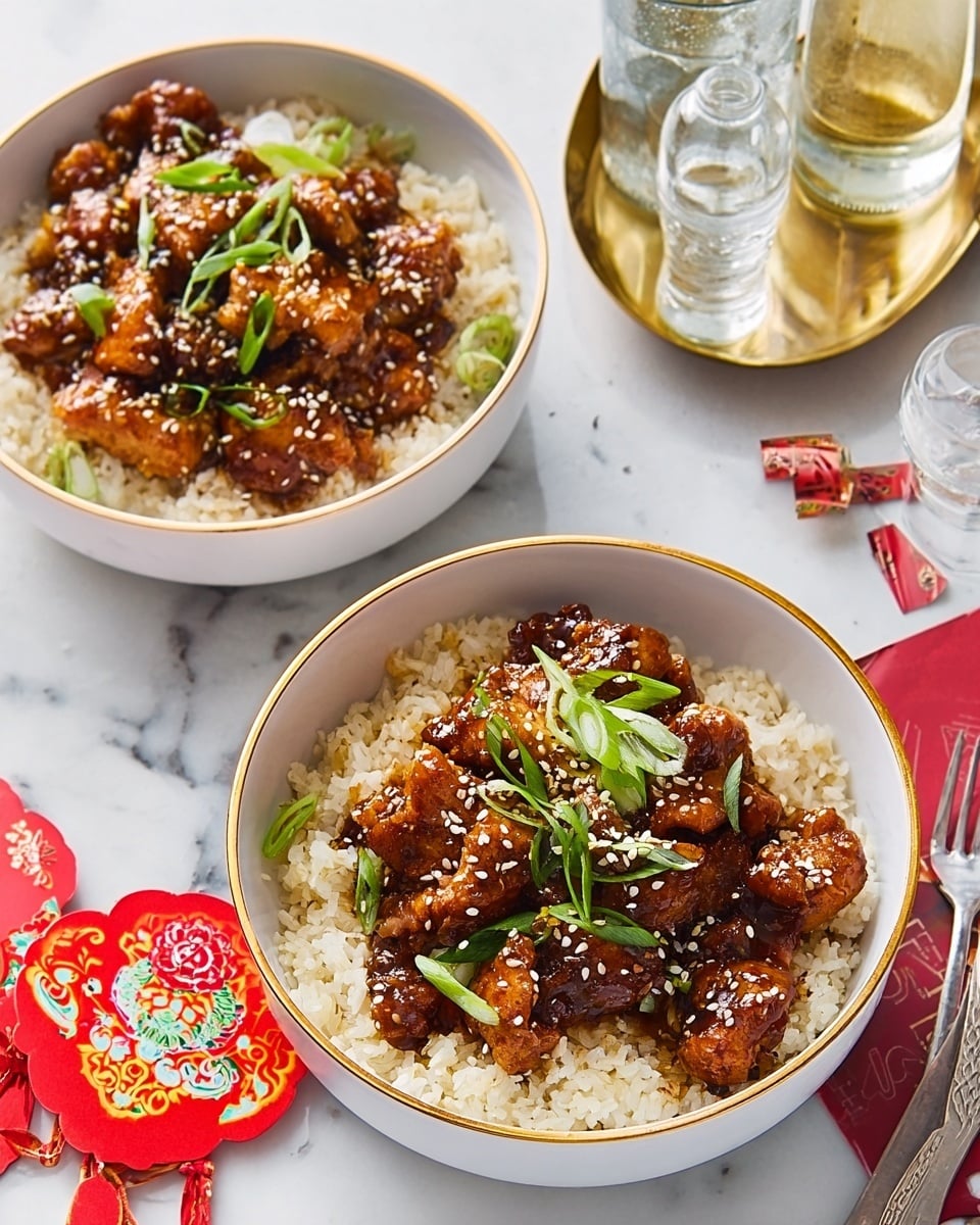 Two white bowls filled with a dish of rice topped with several pieces of dark brown, sticky glazed chicken, garnished with chopped green onions and a sprinkle of sesame seeds. Each bowl has a golden interior, contrasting with the white exterior. They are placed on a white marbled surface with some scattered sesame seeds and green onion pieces around. To the left, there is a clear glass of water and a bottle with a red label on a golden tray. On the right, there are two white forks and red Chinese decorations with gold writing lying flat. Photo taken with an iphone --ar 4:5 --v 7