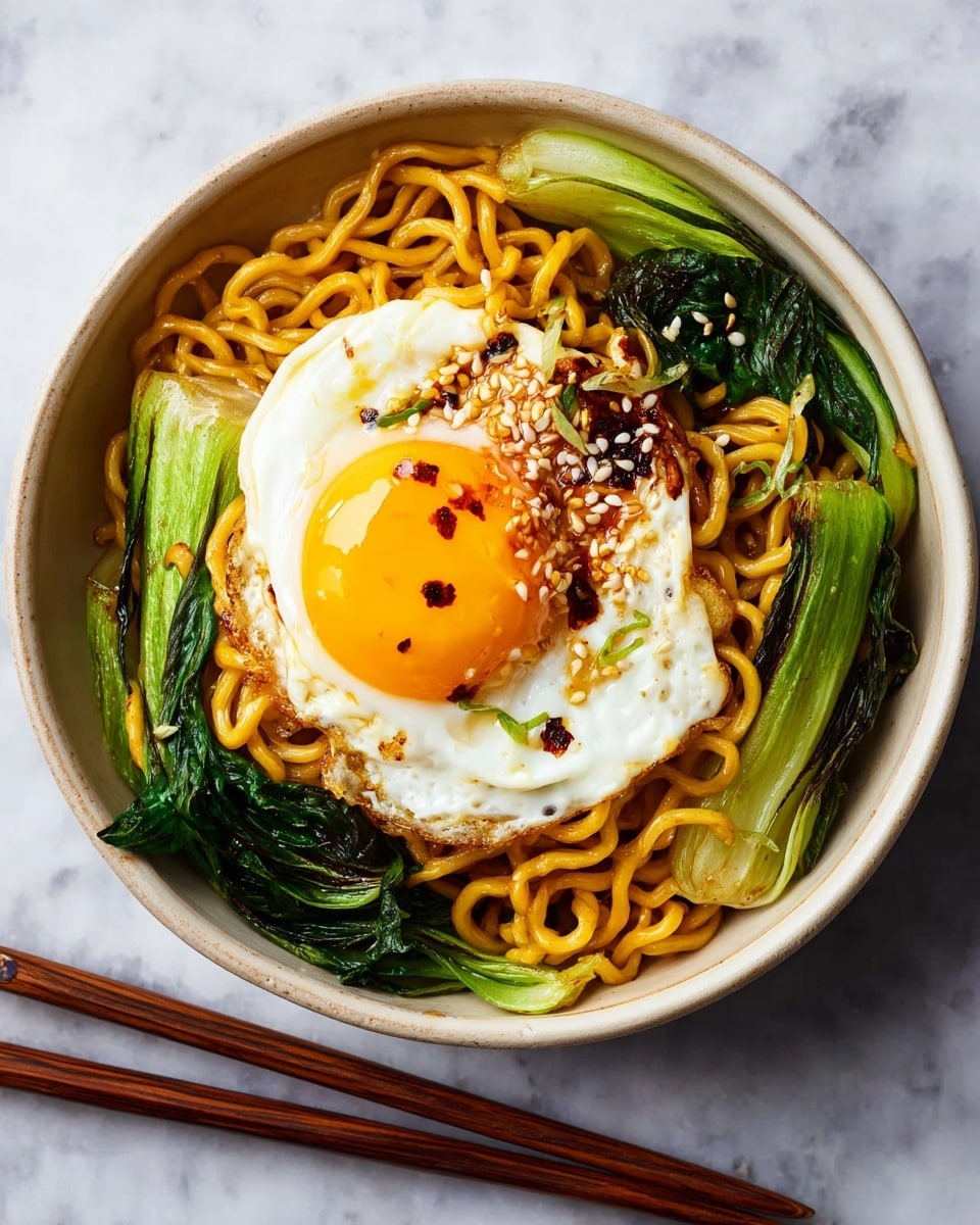 A round bowl filled with cooked yellow noodles twisted and mixed with green bok choy leaves and stems. On top, there is a single fried egg with a bright orange yolk and a white that has crispy brown edges, sprinkled with white sesame seeds and small bits of fried garlic or onion. The bowl is placed on a white marbled surface with two wooden chopsticks resting beside it. The noodles have a slightly shiny, saucy look, and the bok choy adds fresh green color contrast. Photo taken with an iphone --ar 4:5 --v 7