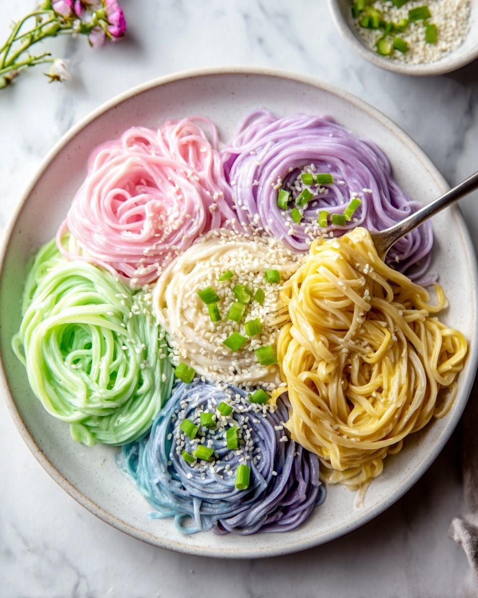 A white plate holds five neatly swirled nests of noodles in pastel colors: soft pink, bright purple, light blue, pale green, and warm yellow. Each noodle nest sits atop a creamy white sauce that forms the base layer. The noodles look smooth and slightly glossy, with the strands tightly coiled to form round piles close to each other across the plate. The dish is lightly sprinkled with small green onion pieces and sesame seeds, adding texture and contrast. A silver fork rests on the right side of the plate, partially twirling into the yellow noodles. The plate is set on a white marbled surface with a light purple daisy placed nearby. photo taken with an iphone --ar 4:5 --v 7