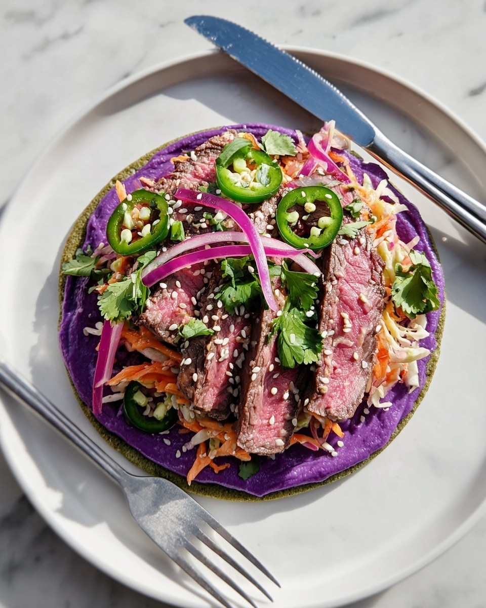 A single green tortilla base holds a thick, smooth purple spread as the first layer. On top of this spread, there is a layer of shredded orange and white vegetables. Above that, several medium-thick slices of cooked beef show a pink center with brown edges. Slices of bright green jalapeños and sprigs of fresh green cilantro are scattered on the beef. Thin strips of pickled pink onion are placed on top, and the whole dish is sprinkled with small, off-white sesame seeds. The open dish is set on a white plate with a fork and knife on either side, all on a white marbled surface. The photo was taken with an iphone --ar 4:5 --v 7