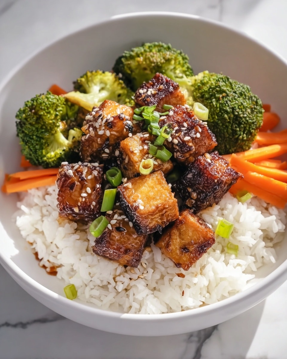 A white bowl filled with a base layer of fluffy white rice, topped with bright green broccoli florets and orange carrot slices scattered around. On top of the vegetables, there are crispy golden-brown tofu cubes glazed with a shiny dark sauce, sprinkled with white sesame seeds and chopped green onions for garnish. The dish sits on a white marbled surface with natural light casting soft shadows. photo taken with an iphone --ar 4:5 --v 7