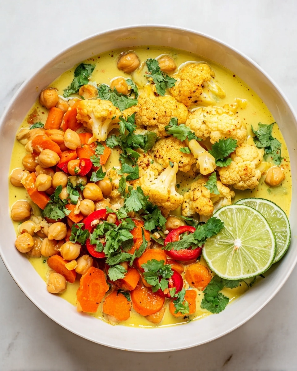 A white bowl is filled with a yellow curry sauce as the base layer. On top, there are large pieces of light yellow cauliflower, orange carrot chunks, and round beige chickpeas, all mixed evenly. Bright red pepper slices add color contrast, while fresh green cilantro leaves are sprinkled over the dish for a fresh touch. A halved lime with green skin and pale green inside sits on the side of the bowl. The bowl is placed on a white marbled surface. Photo taken with an iphone --ar 4:5 --v 7