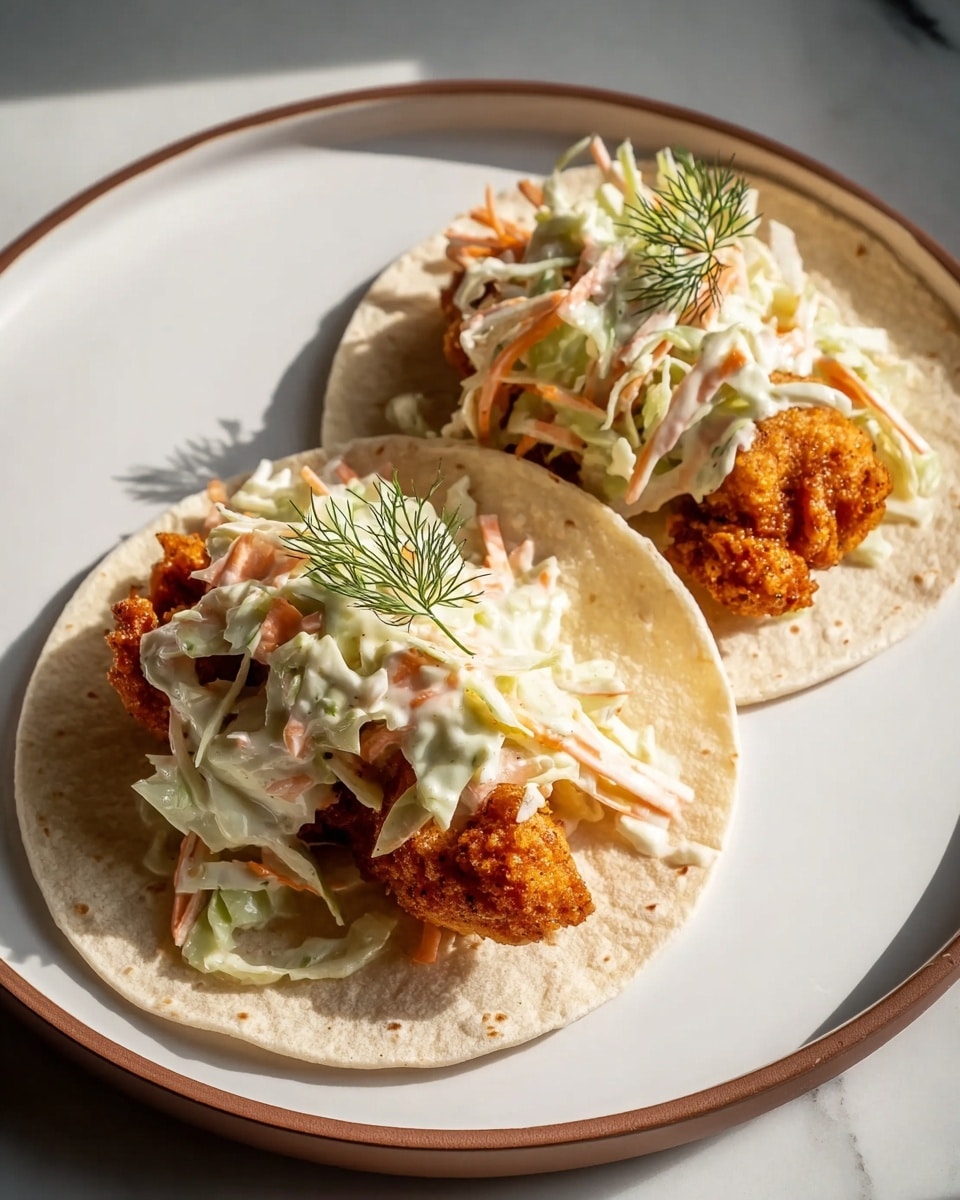 Two tacos are placed on a round white plate with a thin brown rim, set on a white marbled surface. Each taco has a soft, light beige corn tortilla base. On top of the tortillas are crispy golden-brown fried chicken pieces with a rough texture. Over the chicken, there is a layer of creamy coleslaw made from shredded white cabbage and orange carrot strips, coated in a thick white dressing. Both tacos are finished with small sprigs of green dill placed on top, adding a fresh touch. Photo taken with an iphone --ar 4:5 --v 7