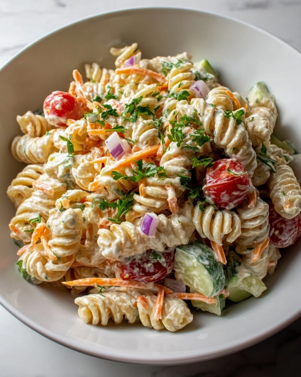A white bowl filled with creamy pasta salad showing about three layers of twisted pasta spirals coated in a light creamy dressing. Intermixed with the pasta are pieces of bright orange shredded carrots, small chunks of pale green cucumber, cherry tomatoes halved with shiny red skin, and bits of purple onion along with green parsley leaves scattered throughout. The bowl sits on a white marbled surface, and the image highlights the fresh and colorful mix of vegetables contrasting with the pale pasta and dressing. photo taken with an iphone --ar 4:5 --v 7