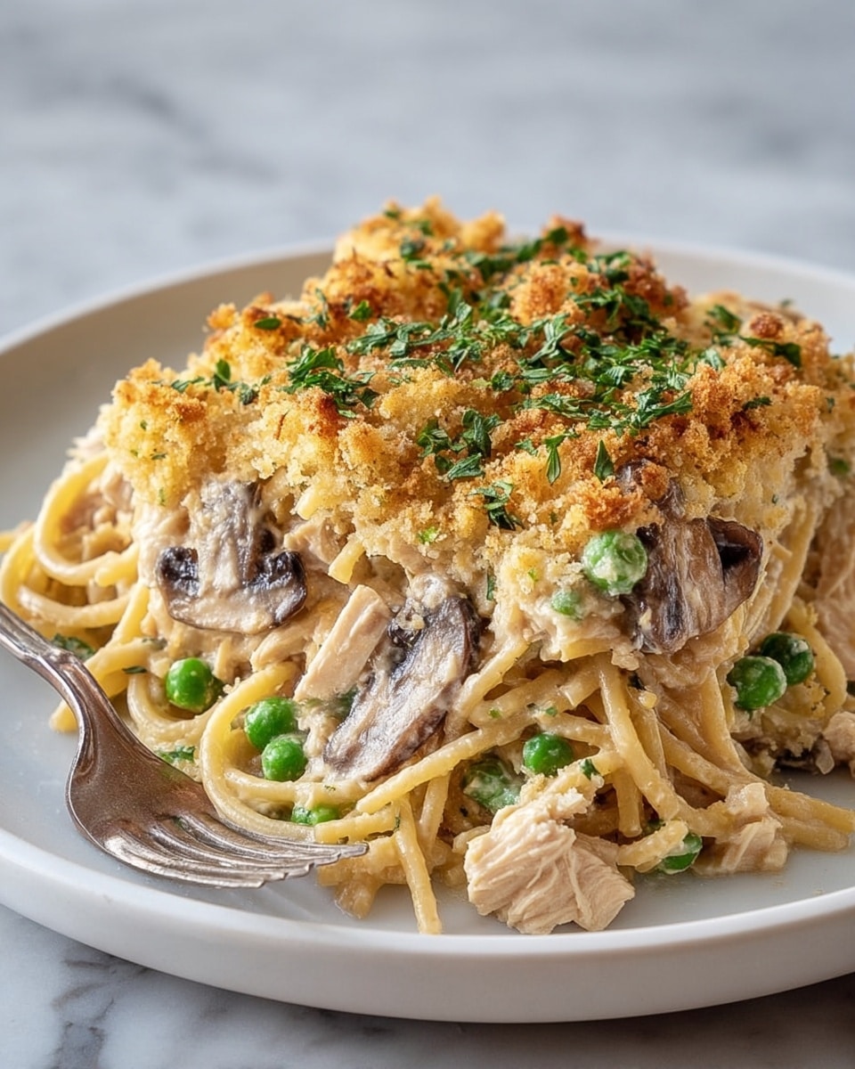 A white plate holds a mound of creamy spaghetti mixed with green peas, mushroom slices, and chunks of light-colored chicken, all coated in a rich sauce. On top, there is a thick layer of golden-brown, crispy breadcrumbs sprinkled with small pieces of fresh green herbs, giving the dish a textured and colorful finish. The plate is set on a white marbled surface, and a silver fork is placed to the side. photo taken with an iphone --ar 4:5 --v 7