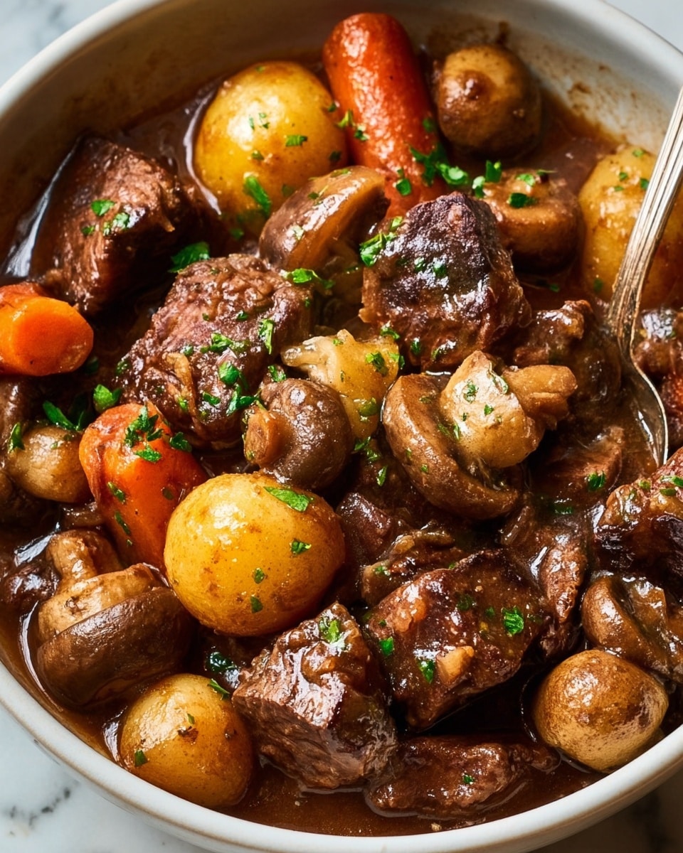 A close-up view of a rich beef stew served in a white bowl, showing large chunks of dark brown, tender beef as the main layer, mixed with light golden potatoes and small, round, light brown mushrooms scattered throughout. Orange carrot slices add a pop of bright color, and the whole dish is coated in a glossy, thick brown gravy that fills the spaces between the ingredients. Fresh green parsley is sprinkled on top, adding a fresh contrast in color. The bowl sits on a white marbled surface. photo taken with an iphone --ar 4:5 --v 7