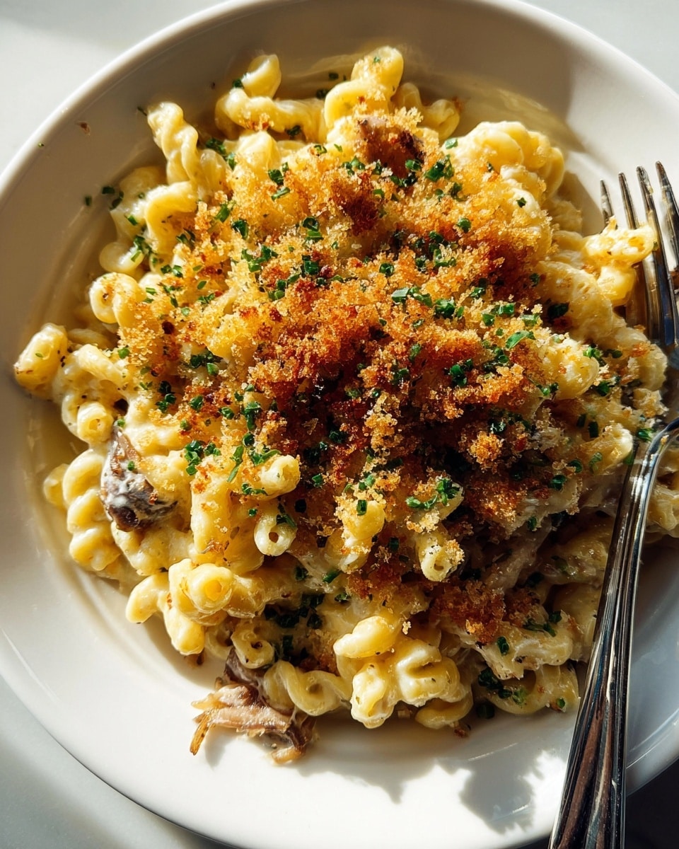 The dish is a single layer of curly pasta covered in creamy, pale yellow cheese sauce on a white plate. On top of the pasta is a crunchy, golden-brown breadcrumb topping with small green herb pieces sprinkled throughout. There are also some small shreds of light brown meat or mushrooms scattered among the pasta and topping. A silver fork rests on the right edge of the plate, which sits on a white marbled surface. Bright natural light creates shadows and highlights on the food and plate. photo taken with an iphone --ar 4:5 --v 7
