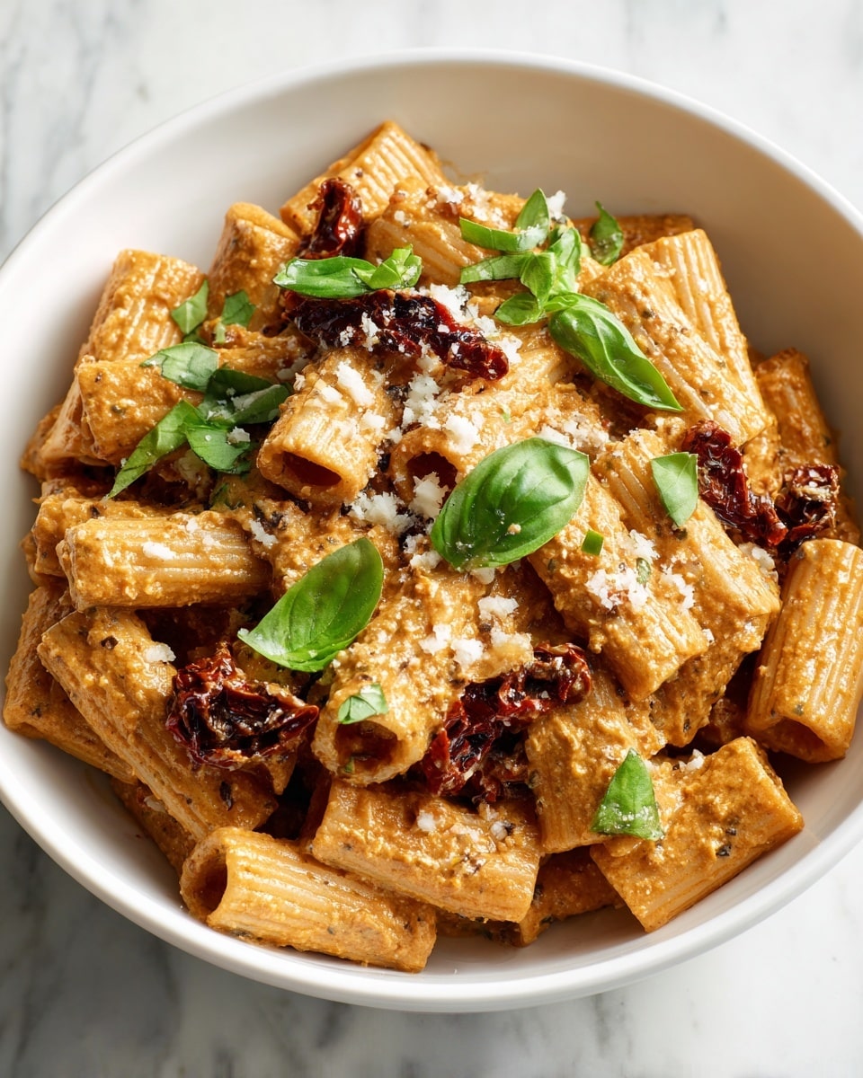 A white bowl filled with a single layer of rigatoni pasta coated in a rich, creamy orange-brown sauce, scattered with pieces of dark red sun-dried tomatoes, and topped with fresh green basil leaves. The pasta has a ridged texture and is evenly mixed with the sauce, which has a slightly glossy finish. Small bits of grated white cheese are sprinkled on top, adding texture contrast. The bowl sits on a white marbled surface. photo taken with an iphone --ar 4:5 --v 7