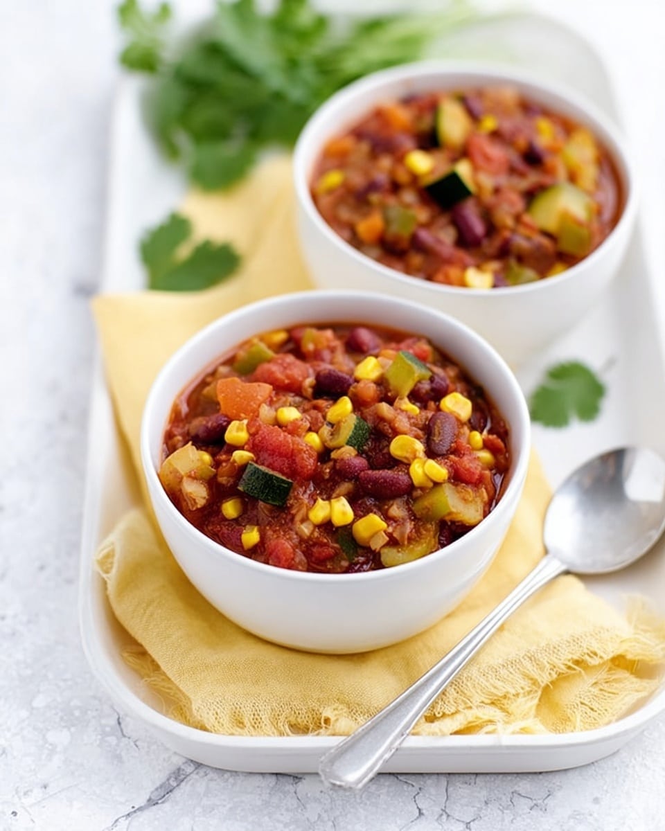 The image shows a white bowl filled with a colorful vegetable chili that has three visible layers: the bottom layer is thick and chunky with dark red kidney beans, yellow corn, and diced tomatoes; the middle layer has pieces of green zucchini and white beans mixed in; the top layer includes more bright yellow corn and small chunks of tomato, giving a fresh and hearty look. The bowl is placed on a white tray with a pale yellow cloth underneath, and a silver spoon lies next to it on the tray. The background is a white marbled surface with a sprig of green cilantro and a glass of water blurred out behind it. Photo taken with an iphone --ar 4:5 --v 7