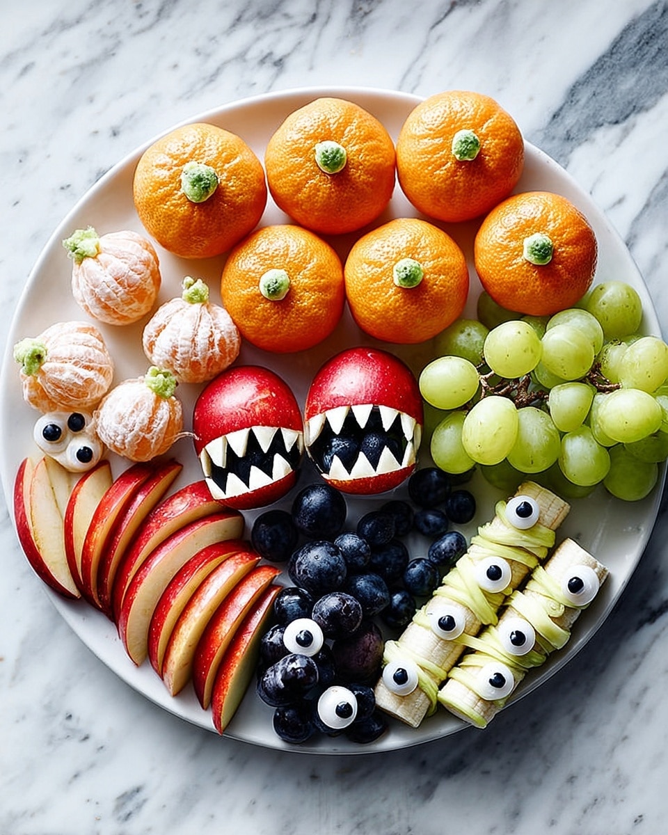 A round white marble plate filled with playful fruit and snack shapes arranged in groups. At the top center are six peeled orange segments stacked in two layers of three, each with green stems on top, showing bright orange texture. To the left, there are clusters of dark blueberries mixed with peeled lychee fruits that have black grapes in their centers and white candy eyeballs on top, creating a spooky look. Below them, red apple slices are arranged in pairs to look like open mouths, with white almond slivers arranged inside to look like teeth. To the right of the oranges, green and black grapes are stacked in rows with candy eyeballs on them, appearing as funny little creatures. At the bottom, small wrapped snacks with white coating and candy eyeballs are placed side by side, resembling small mummies. The entire scene is laid on a white marbled background. photo taken with an iphone --ar 4:5 --v 7