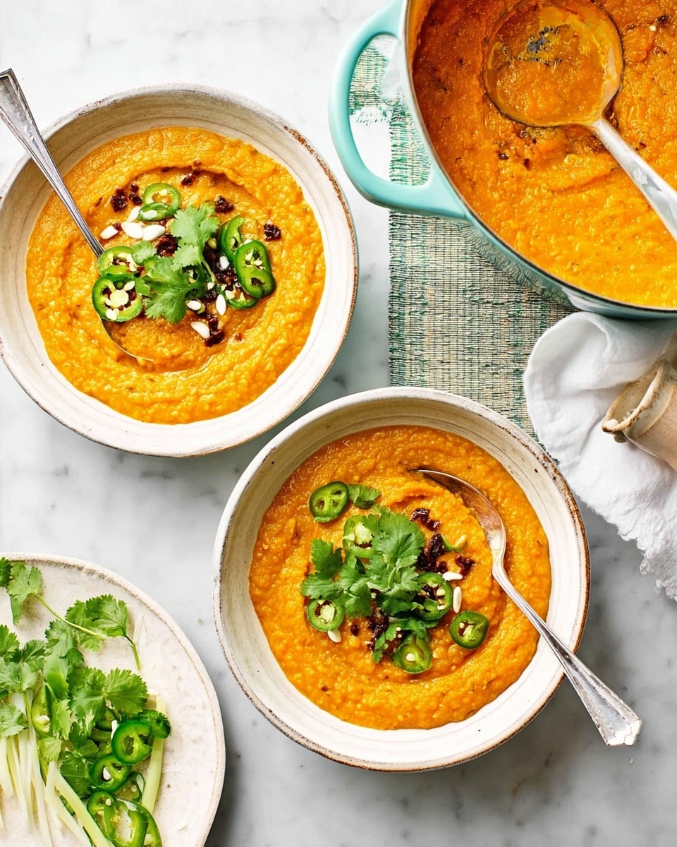 Two bowls filled with thick orange lentil curry, each bowl has a textured swirl on top showing the creamy, slightly chunky consistency. The curry is topped with fresh green cilantro leaves, thin pale yellow ginger slices, and small green chili slices, with some dark brown cumin seeds scattered over them. One bowl has a spoon resting inside it. Next to the bowls, there is a small white dish holding extra cilantro, ginger, and green chili slices. In the background, a white pot with more orange lentil curry is visible, along with a silver spoon lying on a white cloth. All are placed on a white marbled surface. photo taken with an iphone --ar 4:5 --v 7
