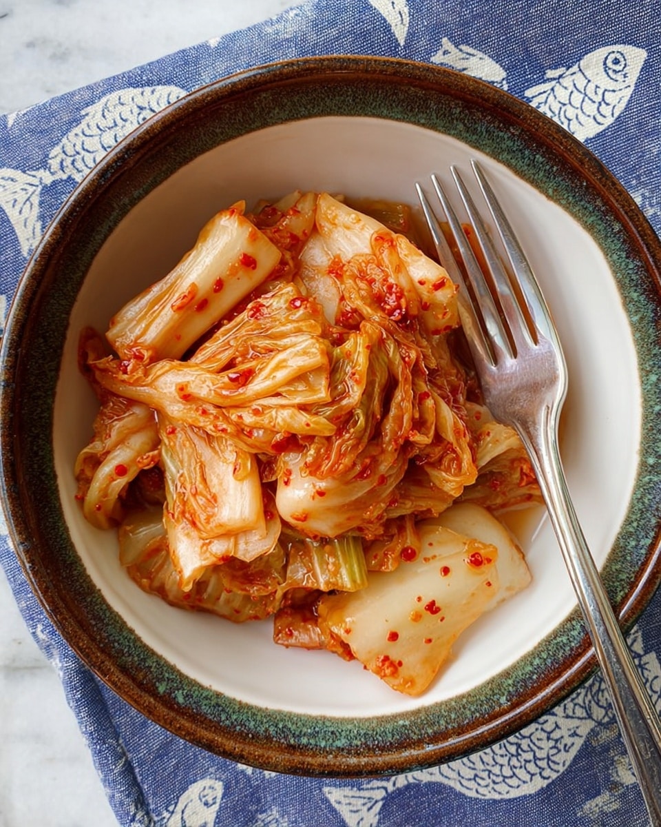 The image shows a bowl of kimchi with roughly 10-12 pieces of napa cabbage layered loosely, each piece coated with red chili pepper flakes and sauce giving an orange-red color with some white from the cabbage layers. The bowl is white with a rustic darkened rim and inside has a dark green glaze with some specks, providing a textured look. A silver fork rests inside the bowl on the right side, slightly angled with its handle extending outwards. The bowl is placed on a white marbled surface with a blue cloth featuring fish patterns partially visible underneath the bowl. The lighting is natural and soft. Photo taken with an iphone --ar 4:5 --v 7