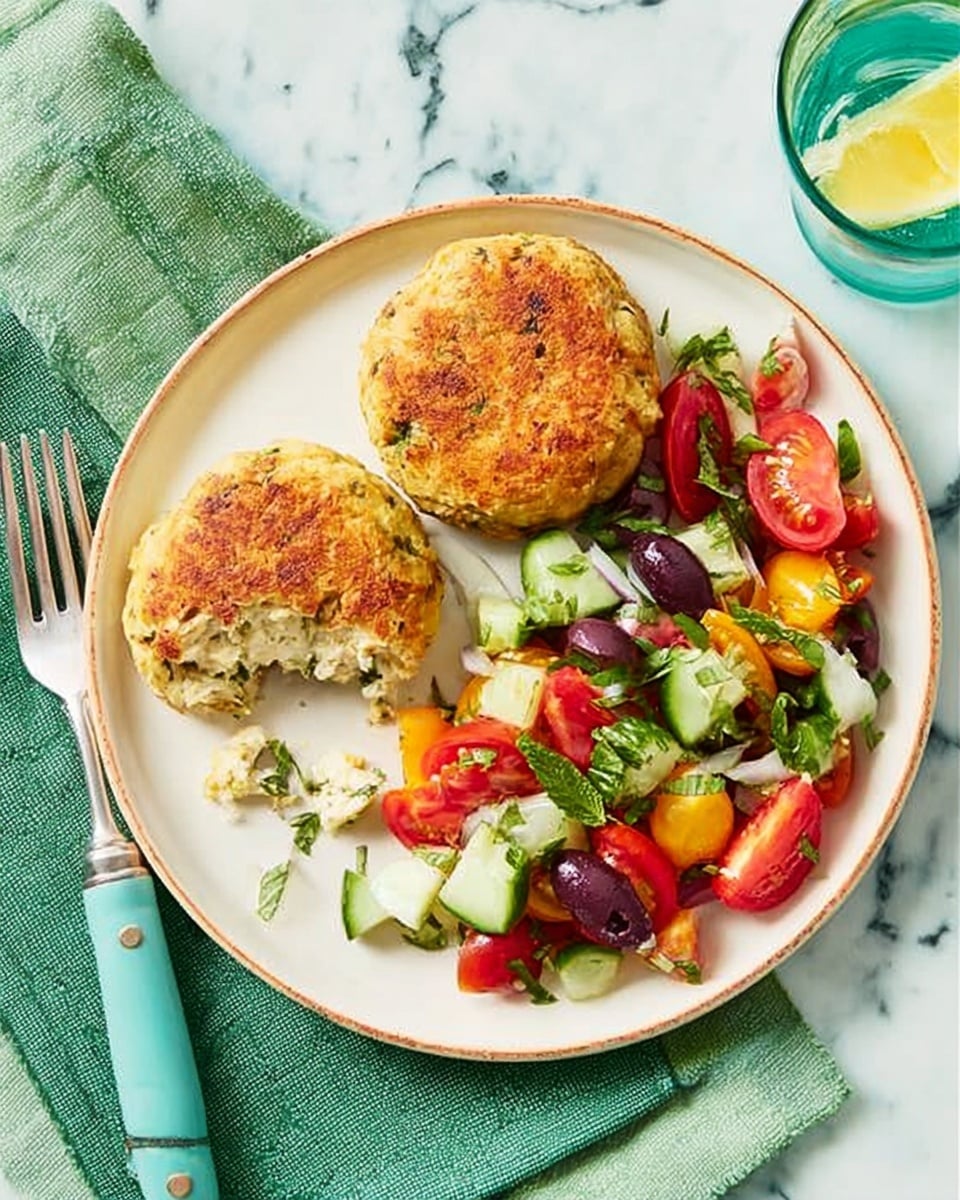 The image shows a round white plate with subtle red patterns, holding two round baked patties that are golden brown on top with a soft, fluffy inside visible from a bite in one patty. Next to the patties, there is a fresh salad made of sliced red and yellow cherry tomatoes, diced cucumber, black olives, and small pieces of white cheese, all mixed with chopped green mint leaves. The plate sits on a white marbled surface, with a mint green napkin on the left and a fork with a light blue handle on the right. A glass of water with a lemon slice is partially visible at the top right corner. photo taken with an iphone --ar 4:5 --v 7