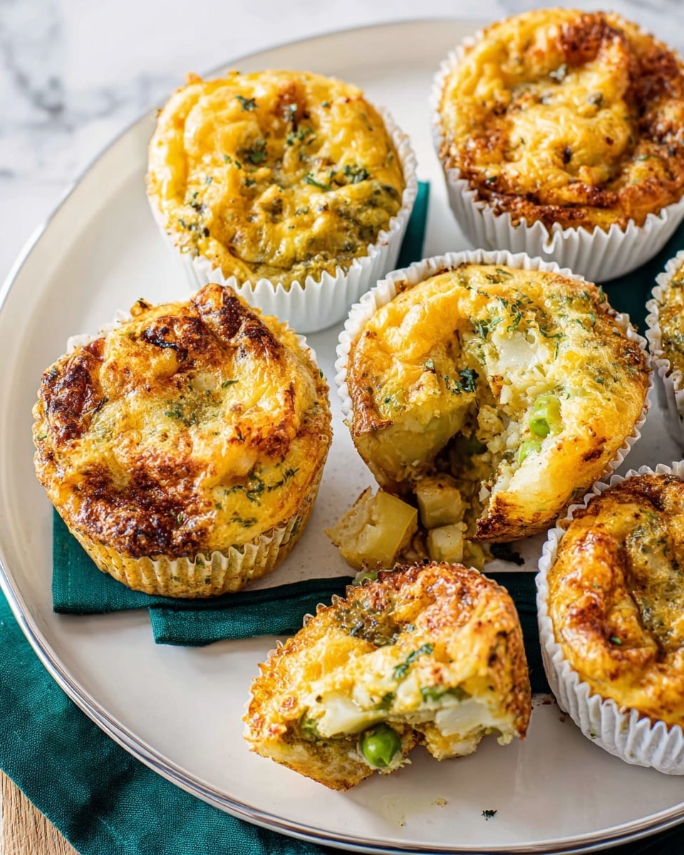 The image shows six golden-brown baked egg muffins in white paper cups with green and beige stripes, arranged on a large white plate with a light gray ring near the edge, placed on a white marbled surface. Each muffin has a textured top with a slightly crispy and bubbly baked cheese layer, showing hints of green herbs and small vegetable pieces like broccoli and peas inside. One muffin is broken in half, revealing a soft, moist inside with visible chunks of vegetables and cheese layers. Under the plate are folded dark green and light green cloth napkins, adding contrast to the warm tones of the muffins. photo taken with an iphone --ar 4:5 --v 7