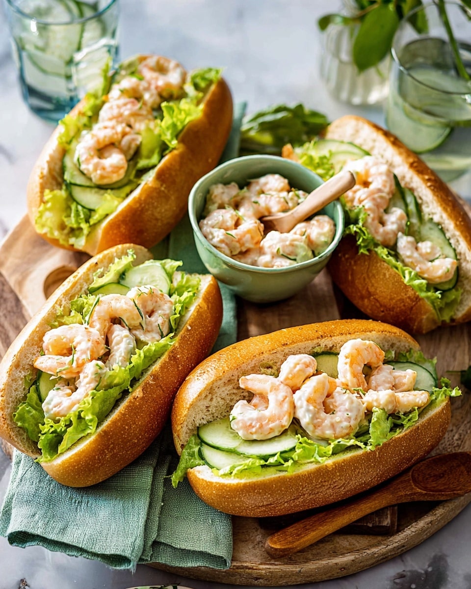Four shrimp rolls sit on a round wooden board over a white marbled texture. Each roll has a golden brown bun filled with small pink shrimp mixed with light creamy sauce, bright green lettuce leaves, and several thin slices of dark green cucumber. A green bowl in the center holds more shrimp with creamy sauce, while a wooden spoon with shrimp rests on the board. Green napkins are placed under some rolls, and a glass of water is blurred in the background. photo taken with an iphone --ar 4:5 --v 7