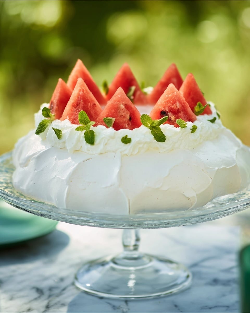 The image shows a round cake on a white cake stand with a metal base against a blurred green outdoor background. The cake has a white, smooth and fluffy layer of cream or meringue that forms soft peaks around the sides. On top of the cake, there is a layer of white whipped cream with light texture, decorated with sprinkled green herb leaves. The top layer features several bright red triangular slices of watermelon arranged standing up close together, giving a fresh and colorful look. Photo taken with an iphone --ar 4:5 --v 7