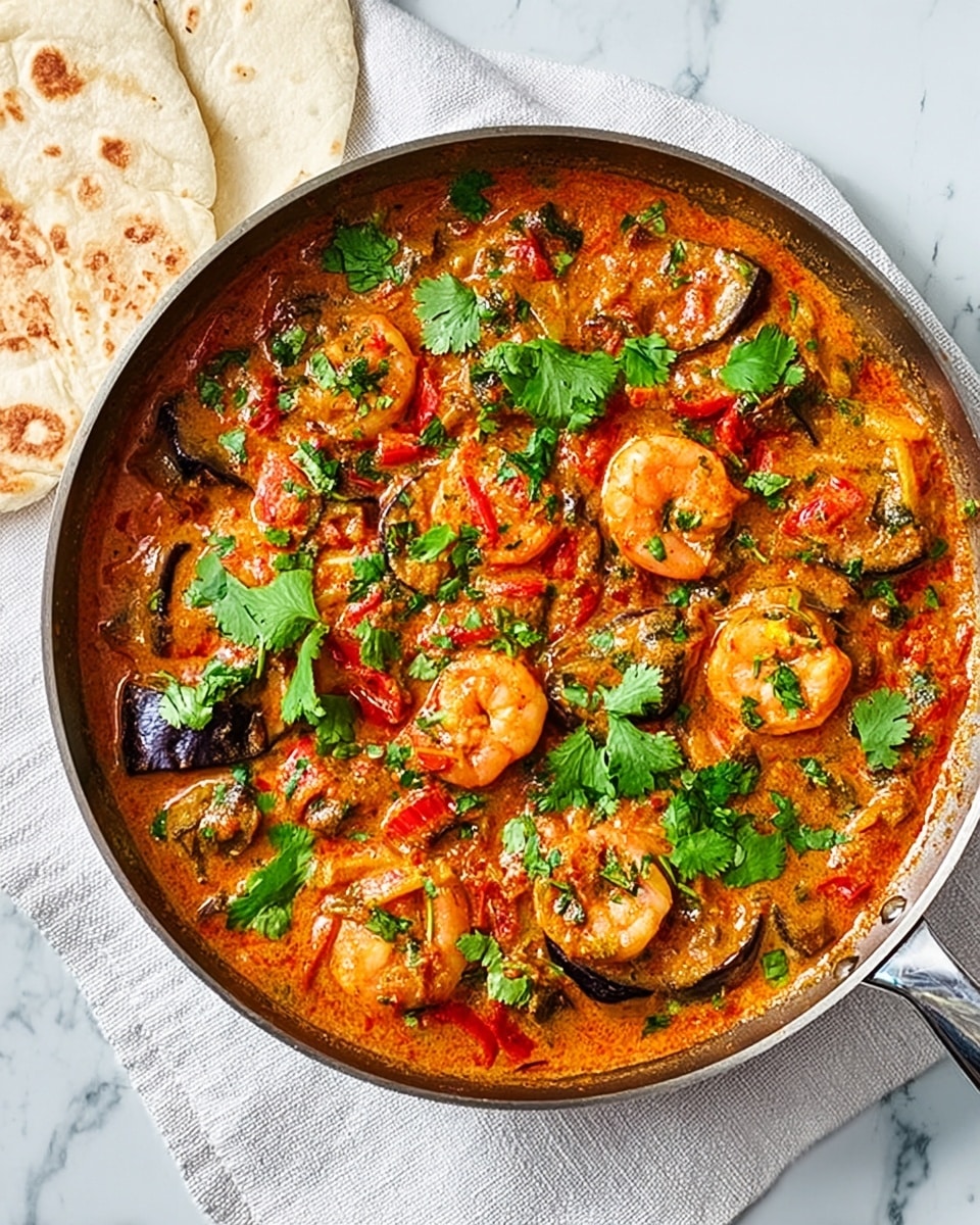 A white round pan filled with a thick orange sauce that has visible pieces of shrimp in light pink with curled shapes, and slices of dark purple eggplant scattered throughout. The dish is topped with fresh green parsley leaves and slices of red chili peppers spread evenly on the surface. The pan rests on a white cloth placed on a white marbled surface, with two pieces of light brown flatbread partially visible on the top left. photo taken with an iphone --ar 4:5 --v 7