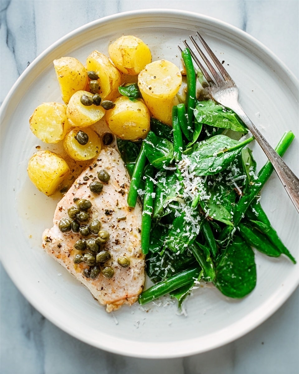 The dish shows a white plate with three main parts: on the left bottom half, there are small yellow roasted potatoes with capers scattered on top and around them; in the center, there is a piece of cooked chicken breast seasoned with black pepper with a light sauce beneath it and a few capers on top; on the right side, there is a mix of green beans and leafy greens, sprinkled with grated white cheese and thin slices of garlic. A silver fork rests on the top left edge of the plate. The plate sits on a white marbled surface. photo taken with an iphone --ar 4:5 --v 7