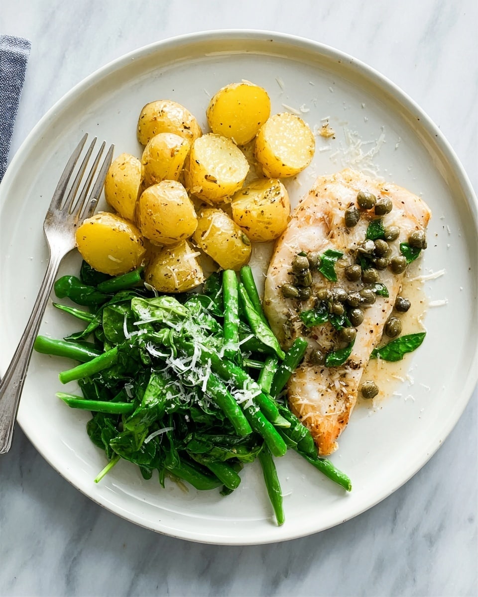 A white plate holds a simple meal with three main parts: on the left are small golden-yellow roasted potato pieces with some capers sprinkled on top; in the middle is a light brown cooked fish fillet with a slight peppery look and some more capers and light sauce around it; on the right are fresh green beans mixed with bright green spinach leaves, lightly sprinkled with grated cheese. A silver fork rests at the top edge of the plate. The plate sits on a white marbled surface. photo taken with an iphone --ar 4:5 --v 7