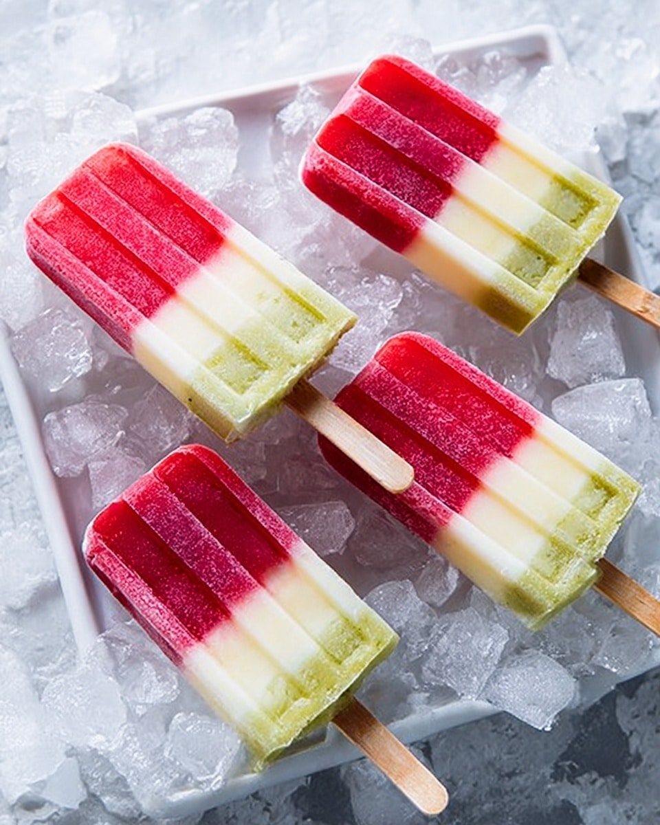 The image shows five popsicles lying on a bed of clear ice cubes in a white tray. Each popsicle has three distinct layers: a red bottom layer with a smooth, slightly translucent texture, a green middle layer that looks creamy and speckled, and a pale yellow top layer that is smooth and solid. The wooden sticks are light brown and stick out from the bottom of each popsicle. The background is a white marbled texture. Photo taken with an iphone --ar 4:5 --v 7
