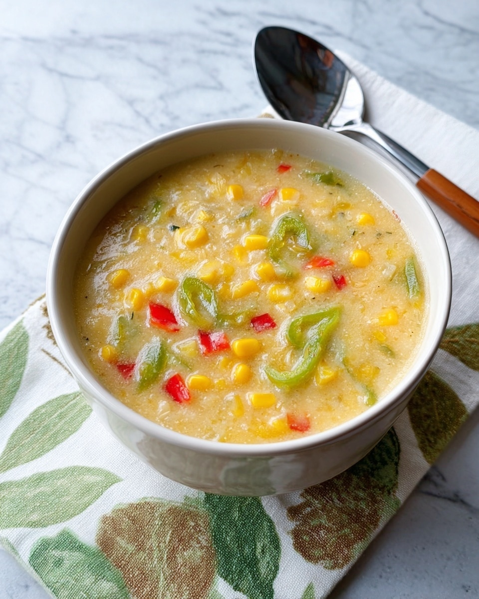 A white cup filled with thick creamy soup that has pieces of green bell peppers, corn kernels, red bell pepper bits, and chunks of potato visible in the mix. The soup has a yellowish color with smooth, slightly chunky texture. The cup sits on a folded napkin with green leaf patterns on a white marbled surface. A spoon with a wooden handle is placed to the left side of the cup. photo taken with an iphone --ar 4:5 --v 7