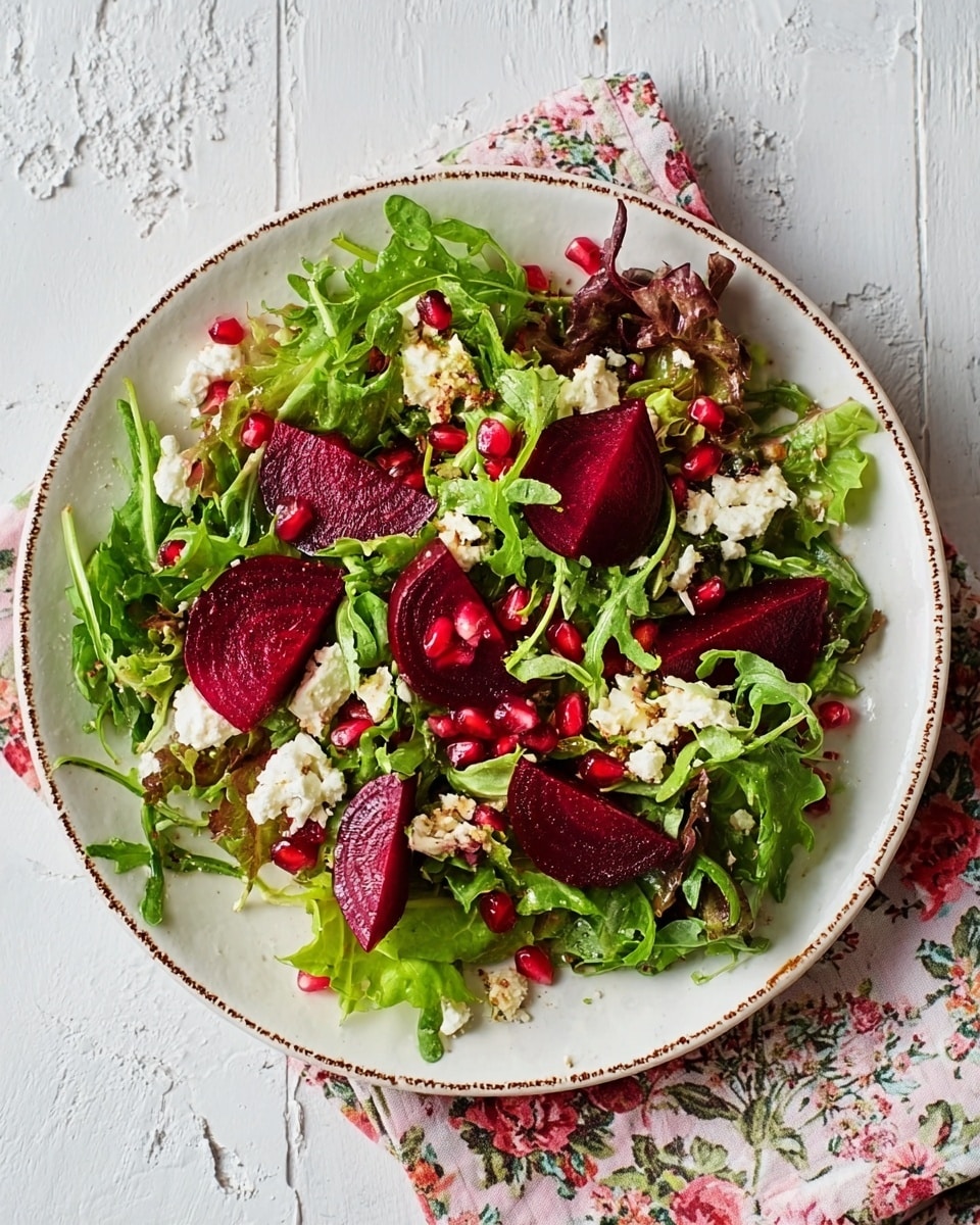 A fresh salad on a white plate with a mix of green leafy vegetables like lettuce and arugula as the base layer, topped with bright red beet slices scattered evenly. There are small clumps of white cheese sprinkled through the salad, and shiny red pomegranate seeds are scattered on top, adding a pop of color. The plate is placed on a floral cloth over a white marbled surface, showing a rustic but fresh look. Photo taken with an iphone --ar 4:5 --v 7