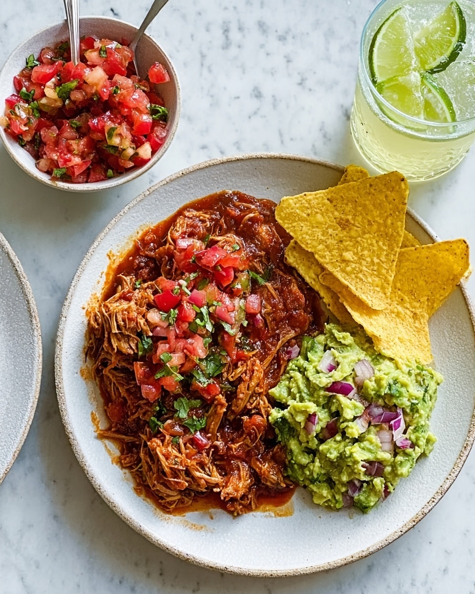 The image shows a white plate on a white marbled surface, with three main layers. On the left side of the plate, there is a thick, reddish-brown layer of shredded meat covered in a sauce, topped with a small amount of diced red tomatoes and chopped green herbs. To the right of the meat, there is a chunky, green mashed avocado mixed with small bits of red onion and diced tomato. On the far right side of the plate, there are three large, round yellow corn tortilla chips standing upright, partially resting on the avocado. In the background, there is a white bowl filled with salsa and a pink glass with lime, both slightly out of focus. Photo taken with an iphone --ar 4:5 --v 7