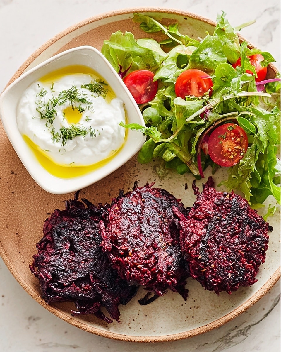 A white round plate on a white marbled surface holds three dark purple beet patties with a slightly rough texture placed on the right side. On the top left, a small white bowl contains creamy white yogurt sauce with swirls of olive oil and sprinkled green herbs. Next to the bowl, fresh mixed greens and halved cherry tomatoes add bright green and red colors with crisp, leafy textures. The arrangement is simple and neat. photo taken with an iphone --ar 4:5 --v 7