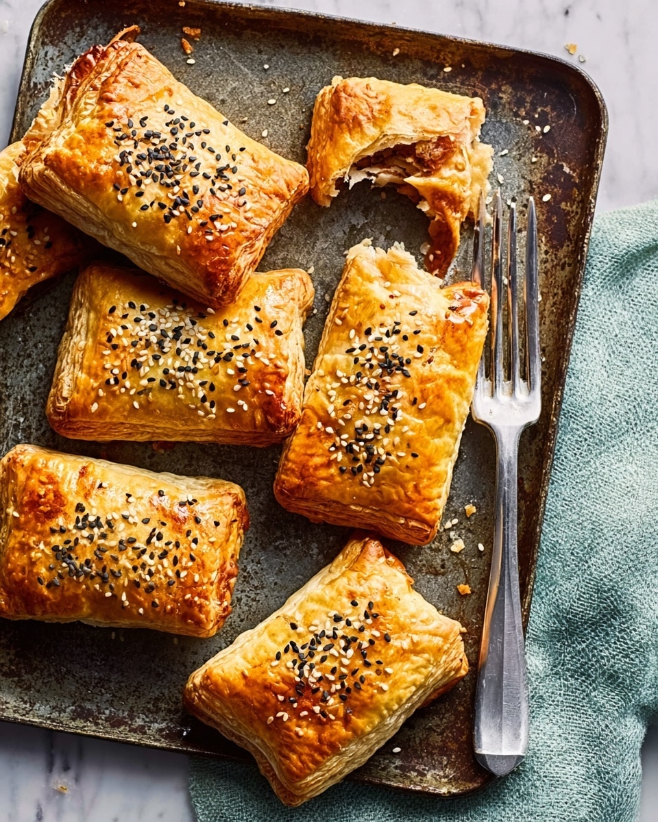 A metal tray on a white marbled texture background holds eight small rectangular golden-brown pastries with crimped edges, each topped with black sesame seeds. One pastry is broken open showing a dense meat filling inside. A silver fork rests on the right side of the tray, partly under two pastries, and a woman's hand holds the broken piece in the bottom left corner. The pastries have a shiny, crispy crust and an even baked surface. photo taken with an iphone --ar 4:5 --v 7