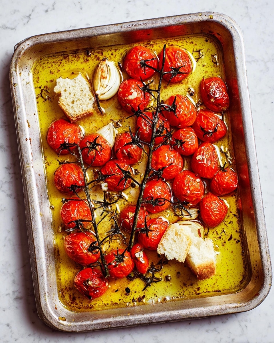The image shows a silver baking tray filled with roasted red cherry tomatoes still on their dark green vine, spread out across the tray and sitting in a pool of yellowish-green olive oil mixed with seasoning. There are two halved roasted garlic heads with slightly browned surfaces, placed near the edges of the tray. Small pieces of golden toasted bread with a rough texture rest on top of some tomatoes. The tray is set on a white marbled texture surface. photo taken with an iphone --ar 4:5 --v 7
