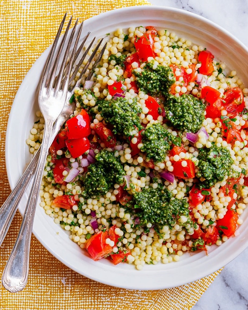 A white plate is filled with a colorful salad made of small, round, pale yellow couscous grains as the base layer. Mixed throughout are vibrant red, chopped tomatoes and small pieces of purple onion, adding bright contrast. Dollops of green pesto sauce are spread on top, giving a textured, leafy look. Two silver utensils, a spoon and a fork, rest casually on the salad near the center. The plate is placed on a white marbled surface with part of a yellow and white textured cloth visible on the left side. photo taken with an iphone --ar 4:5 --v 7