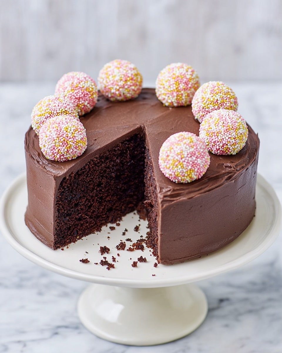 A round chocolate cake with smooth, thick, dark brown frosting covering the whole surface. One slice has been cut and slightly pulled out, revealing a moist, dark chocolate inside with a soft texture. The top of the cake is decorated with eight small round balls covered with white, pink, yellow, and brown tiny candy sprinkles, placed evenly near the edge. The cake sits on a white cake stand with a simple, clean design, all on a white marbled surface. Photo taken with an iphone --ar 4:5 --v 7