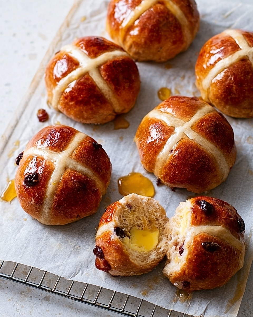 The image shows six golden brown hot cross buns with shiny, slightly crispy tops and distinct pale cross marks on each. They are arranged on a piece of beige parchment paper placed over a cooling rack on a white marbled surface. The front bun is split open to reveal a soft, fluffy interior, speckled with dark bits likely dried fruit, and a smooth, melting slab of butter on the bottom half, creating a contrast between the toasted outer crust and the soft inside. Photo taken with an iphone --ar 4:5 --v 7