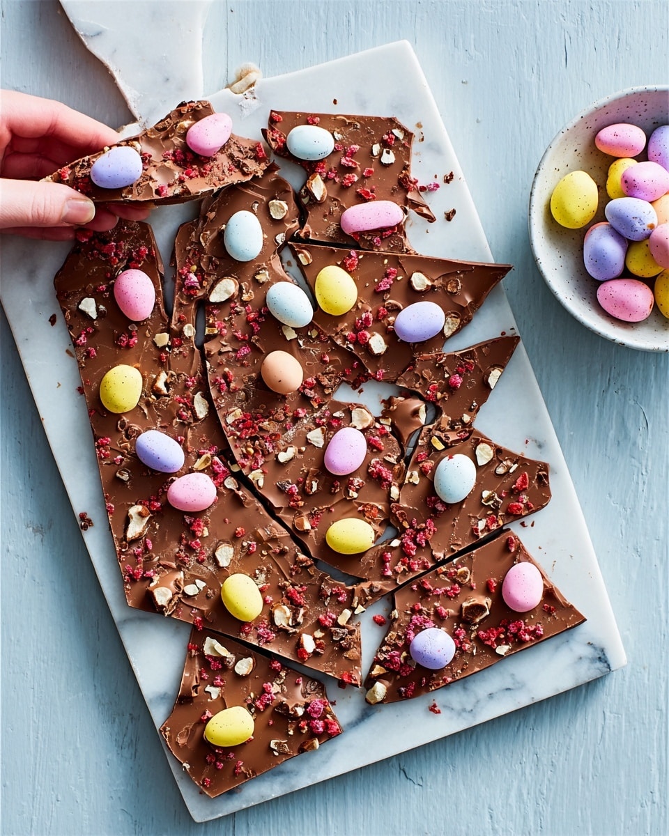 The image shows a white cutting board on a white marbled surface, holding a large sheet of milk chocolate bark broken into irregular pieces. The bark is topped with small pastel-colored candy eggs in yellow, pink, and purple, along with dried red berry bits and some crushed nuts scattered across. To the right side, there is a small white bowl filled with more pastel candy eggs. A woman's hand is reaching down from the top left corner to pick up a piece of the chocolate bark. Photo taken with an iphone --ar 4:5 --v 7