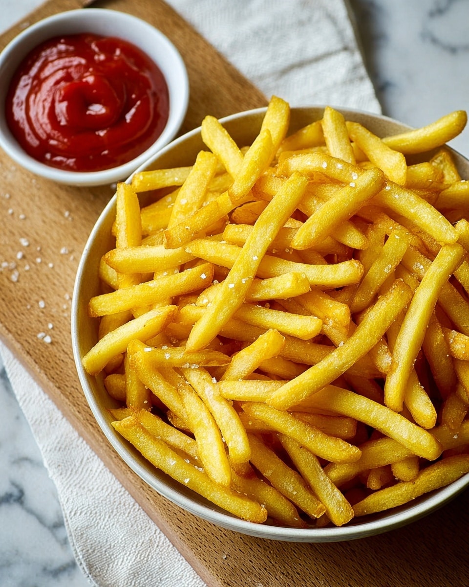 A large white bowl filled with a thick layer of crispy golden French fries sprinkled lightly with coarse salt. The fries are thin and evenly cooked with a slightly rough texture. To the top left, there is a small white bowl with smooth, glossy red ketchup, set on a white marbled surface. The image captures a cozy, rustic feel with a natural wooden board beneath the bowls and a beige cloth partially visible under the board. Photo taken with an iphone --ar 4:5 --v 7