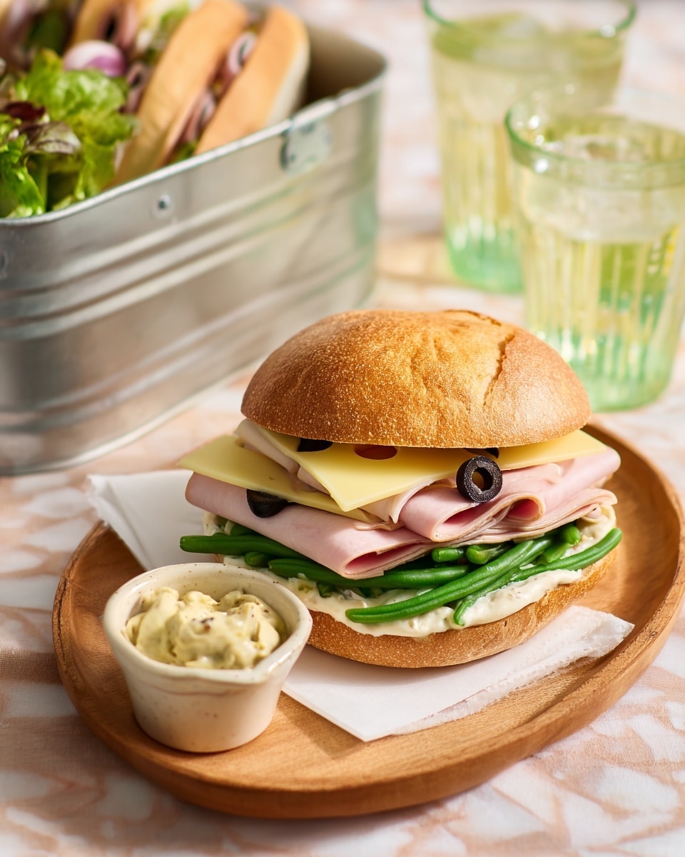 A sandwich on a toasted golden-brown bagel sits on white parchment paper on a round wooden board. The sandwich has four layers: a base layer of green leafy lettuce and long green beans, a middle layer of folded light pink ham slices with black olive rings placed on top, a thick slice of pale yellow Swiss cheese with holes, and a light spread of creamy sauce on the bottom half of the bagel. Three black olive slices are placed beside the sandwich on the parchment paper. Next to the sandwich is a small white bowl filled with creamy sauce with visible herbs. In the softly lit background, there is part of a white metal box containing several stacked sandwiches and two clear glasses filled with a light yellow drink, all set on a white marbled surface covered with a striped pastel tablecloth. photo taken with an iphone --ar 4:5 --v 7