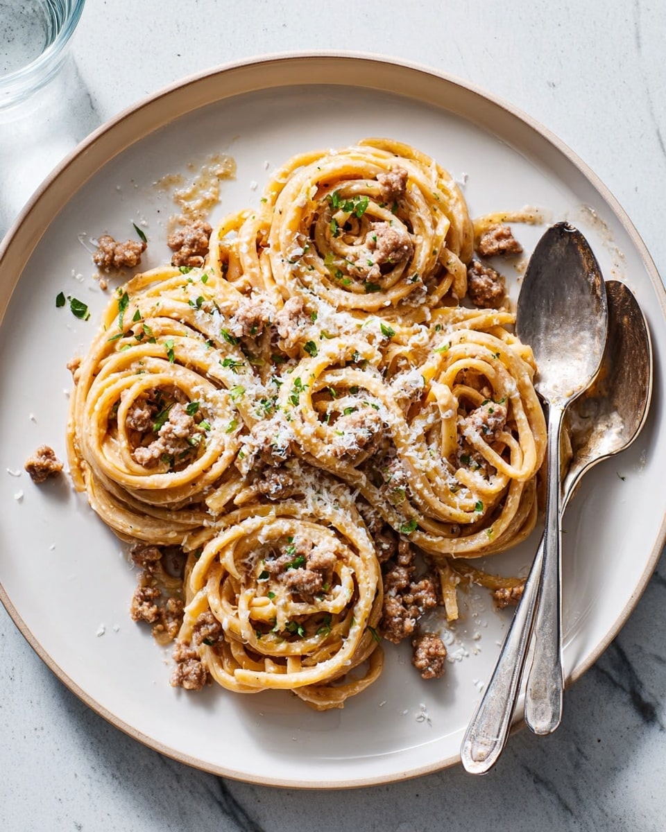 A white plate holds a serving of thick spaghetti pasta twisted into several round nests. The pasta is coated with a creamy light brown sauce mixed with small pieces of browned meat and sprinkled with chopped green herbs. Grated white cheese is scattered over the top, adding a soft texture. A silver fork twirls some noodles on the right side of the plate, resting on a silver spoon. The plate sits on a white marbled surface, with a light blue cloth partly visible underneath. Photo taken with an iphone --ar 4:5 --v 7